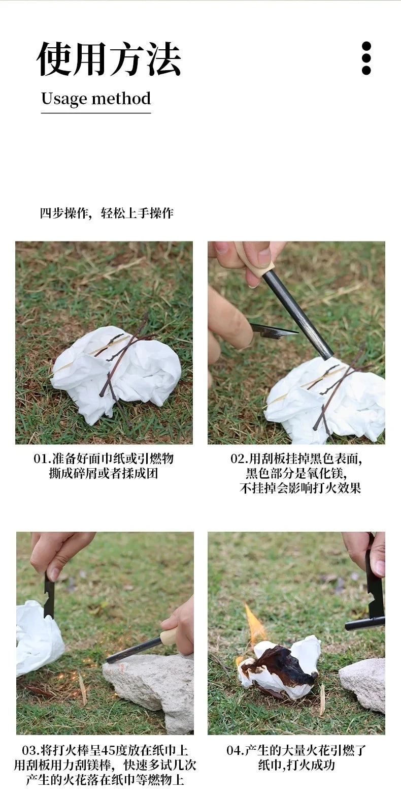 Wilderness Survival Portable Flint Kit - Magnesium Fire Starter Stick with Wooden Handle