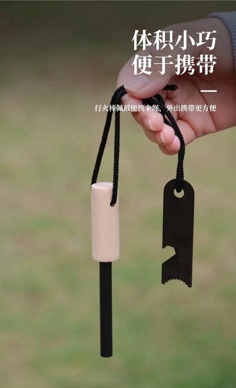 Wilderness Survival Portable Flint Kit - Magnesium Fire Starter Stick with Wooden Handle