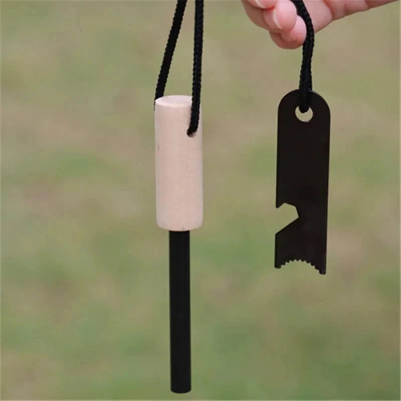 Wilderness Survival Portable Flint Kit - Magnesium Fire Starter Stick with Wooden Handle