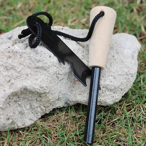 Wilderness Survival Portable Flint Kit - Magnesium Fire Starter Stick with Wooden Handle