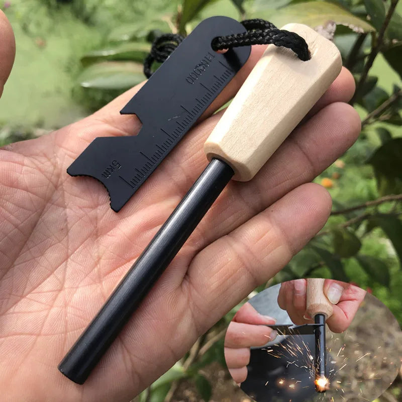 Wilderness Survival Portable Flint Kit - Magnesium Fire Starter Stick with Wooden Handle