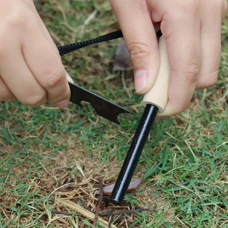 Wilderness Survival Portable Flint Kit - Magnesium Fire Starter Stick with Wooden Handle
