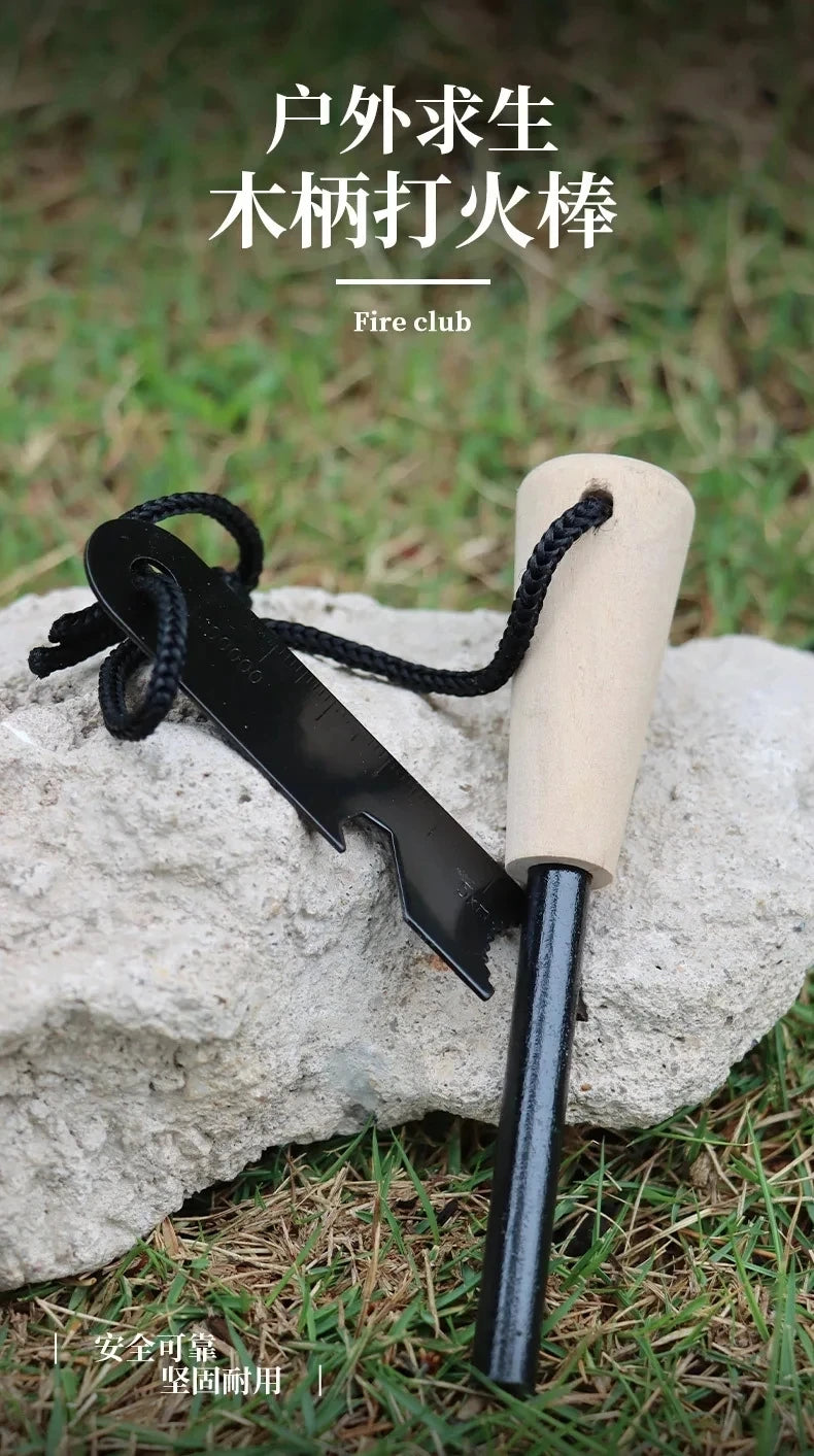 Wilderness Survival Portable Flint Kit - Magnesium Fire Starter Stick with Wooden Handle