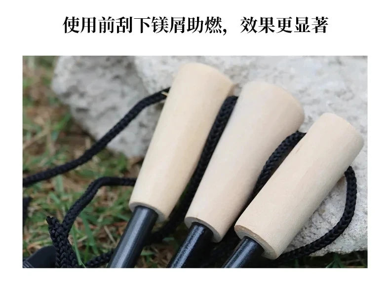 Wilderness Survival Portable Flint Kit - Magnesium Fire Starter Stick with Wooden Handle